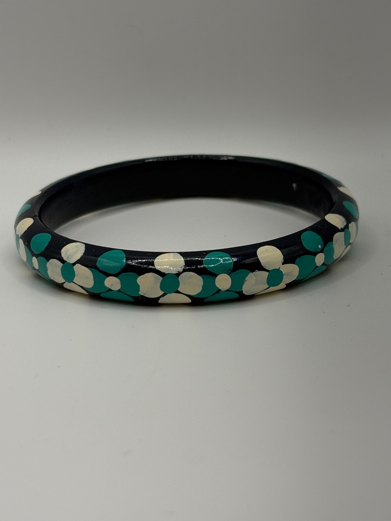 Hand-Painted Black Bangle With Teal And Cream Floral Dots Wood 7”